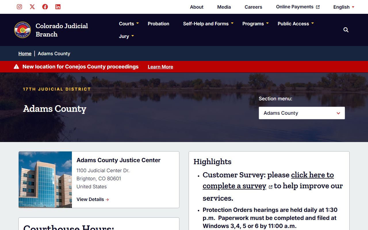Adams County District Court main page showing divorce decree services and contact information