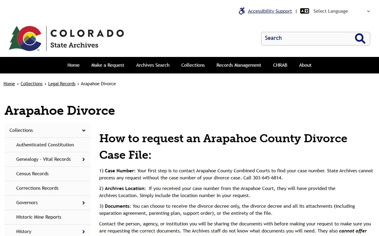 Colorado State Archives information for Arapahoe County divorce records
