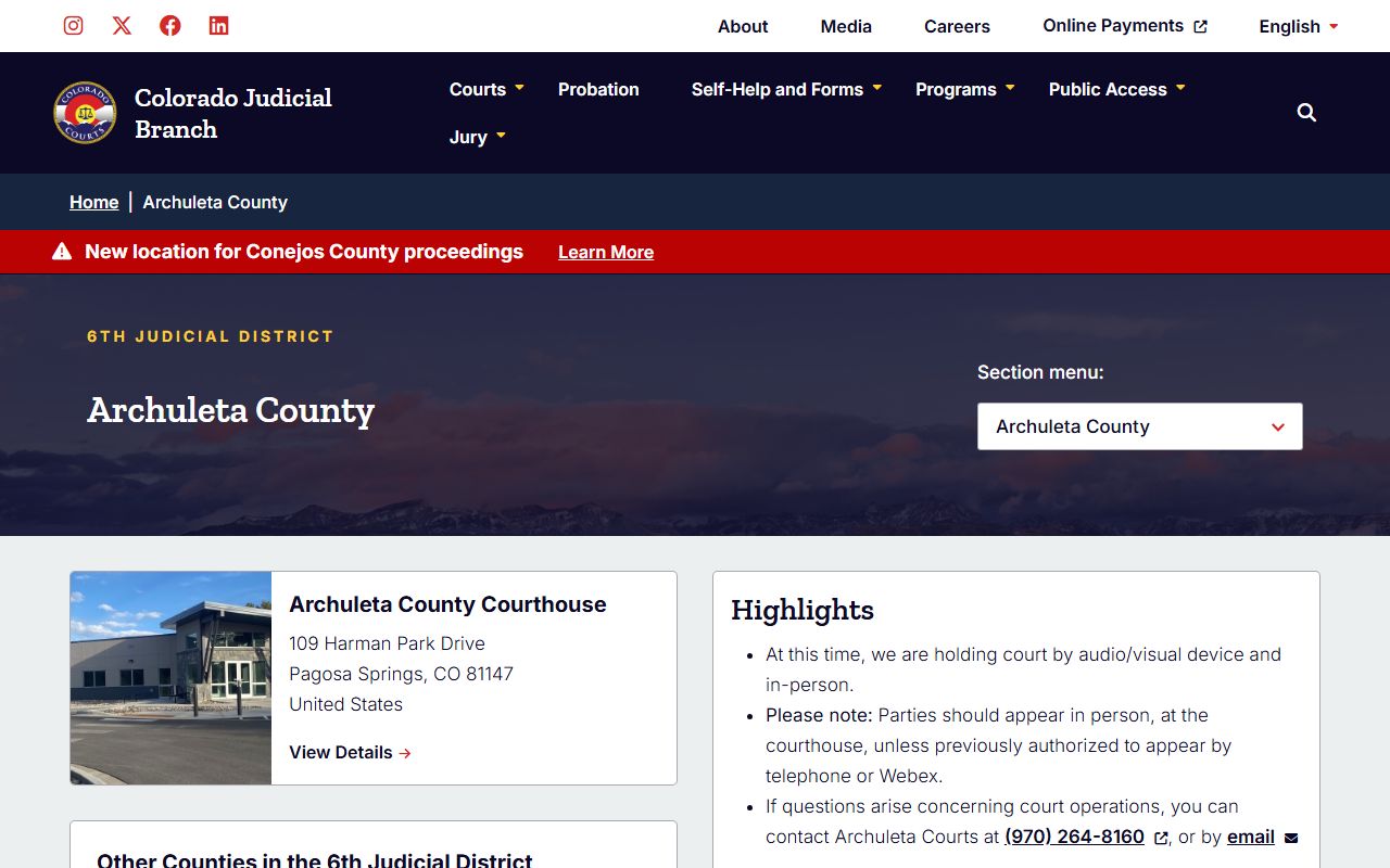 Archuleta County District Court main page with divorce decree access information