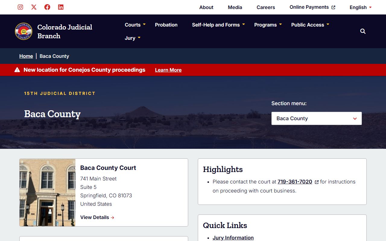 Baca County District Court main page showing divorce decree services