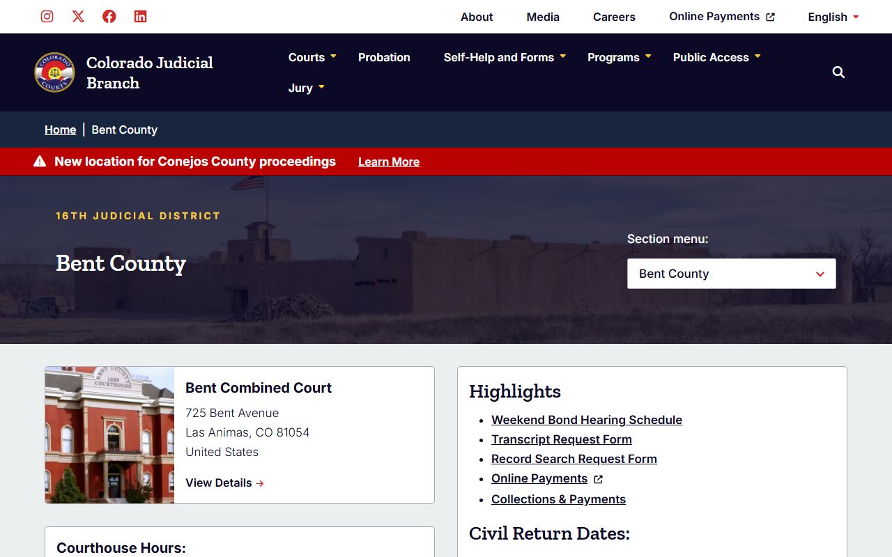 Bent County District Court main page with divorce decree information and services