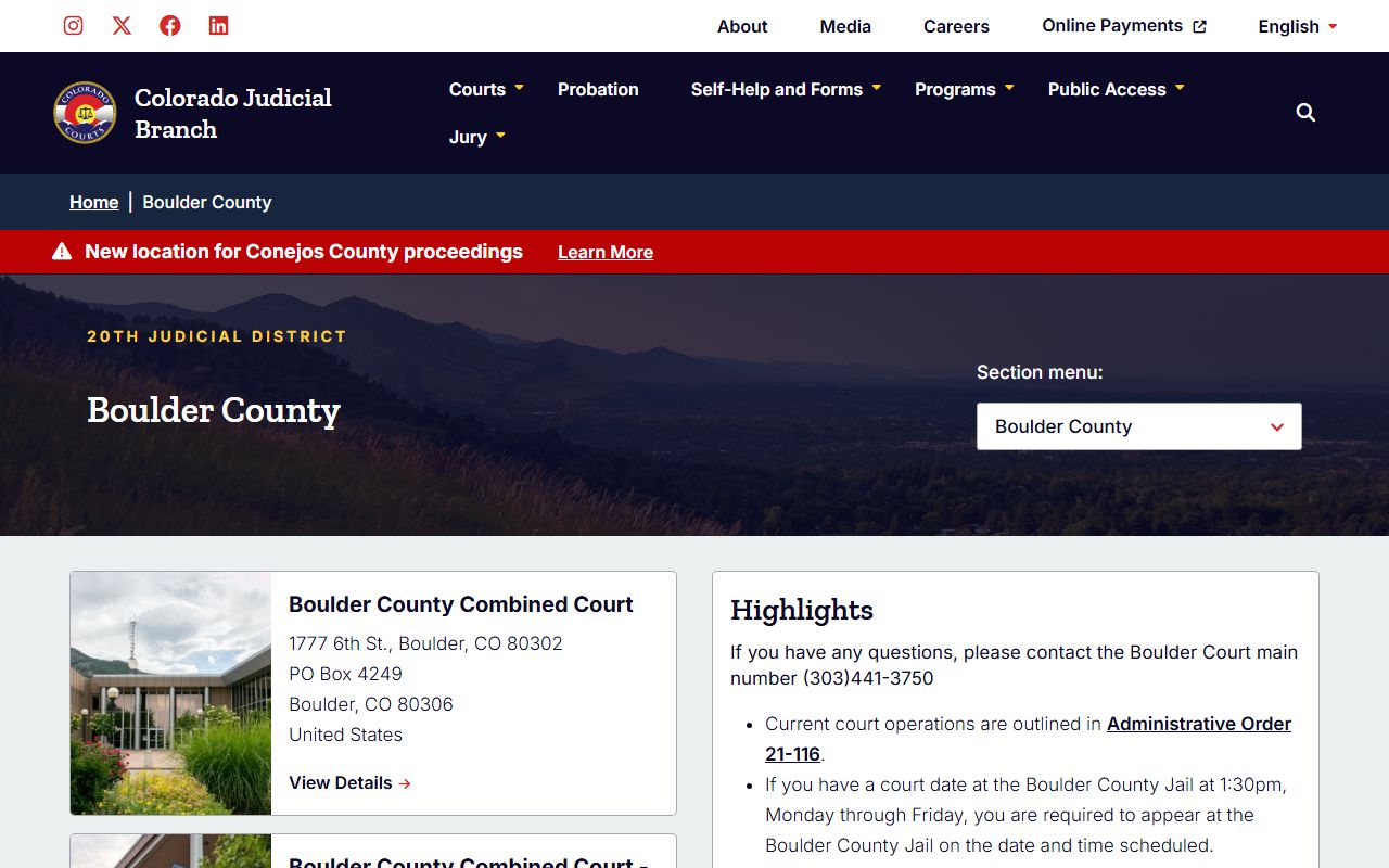 Boulder County District Court main page showing divorce decree services and contact details