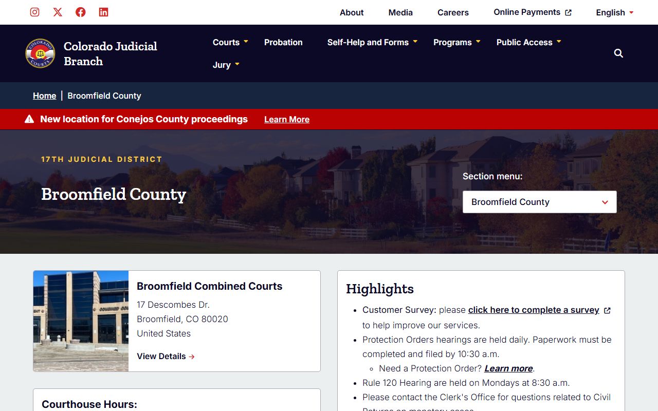 Broomfield County District Court main page with divorce decree access information