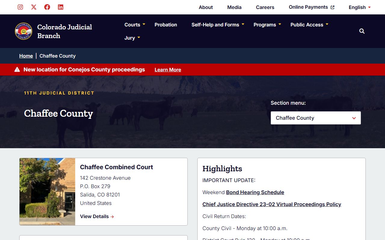 Chaffee County Combined Court main page for divorce decree records