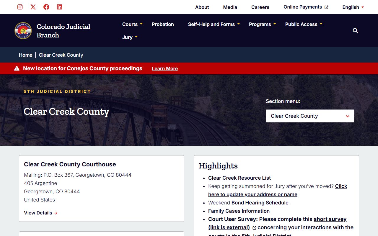 Clear Creek County Combined Court main page for divorce decree records