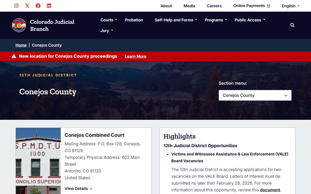 Conejos County Combined Court main page for divorce decree records
