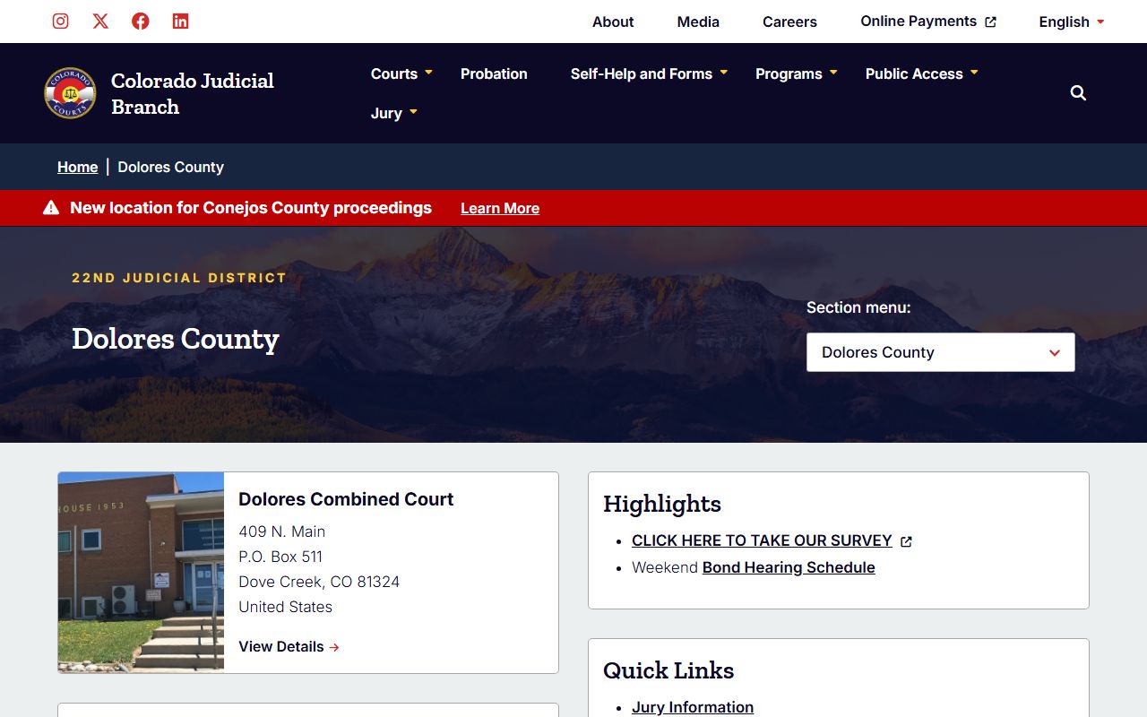 Dolores County Combined Court main page for divorce decree records