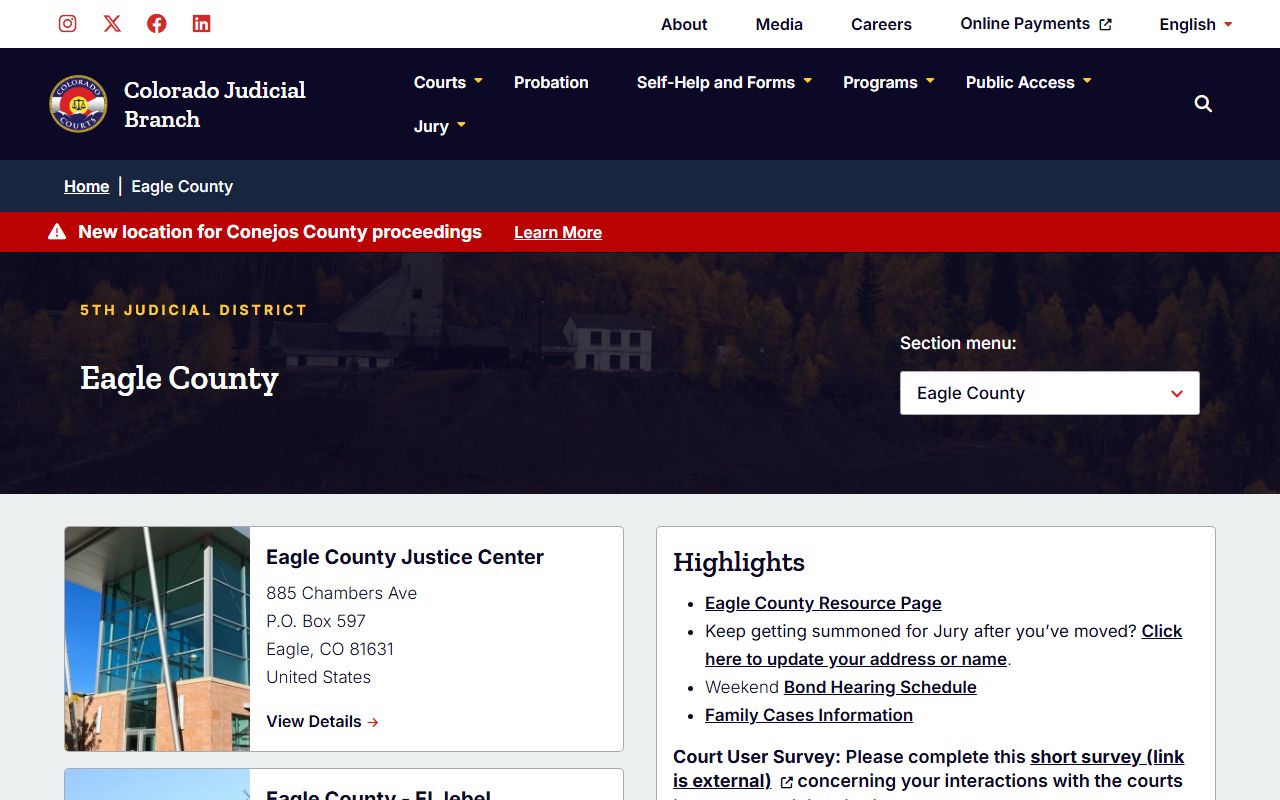 Eagle County District Court main page showing divorce decree services
