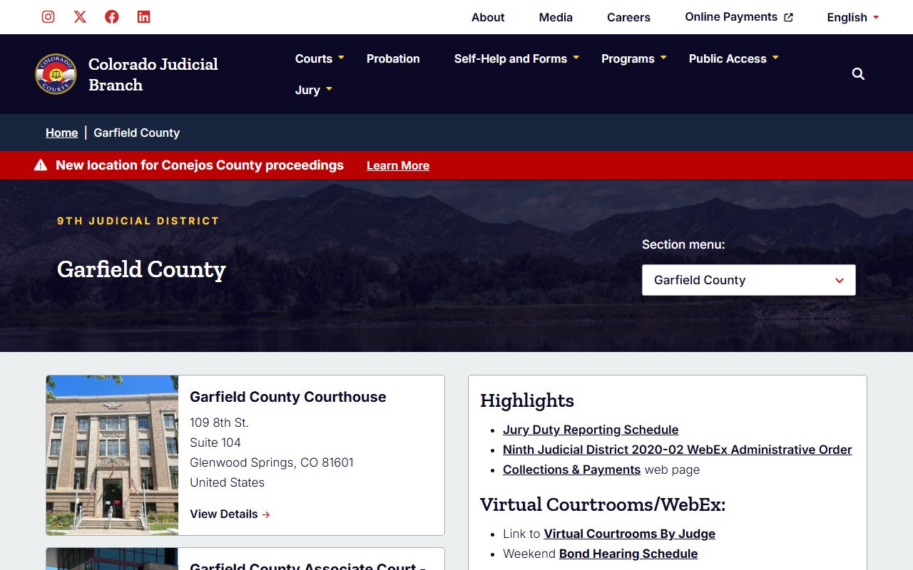Garfield County District Court main page showing divorce decree services