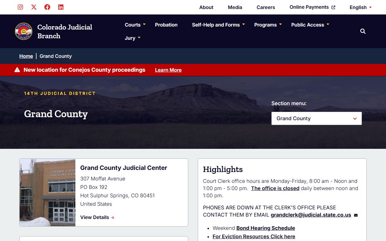 Grand County District Court main page showing divorce decree services