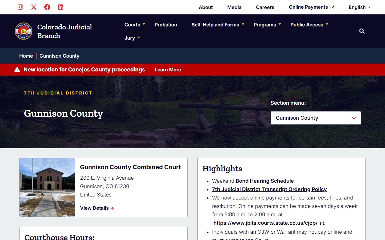 Gunnison County District Court main page showing divorce decree services