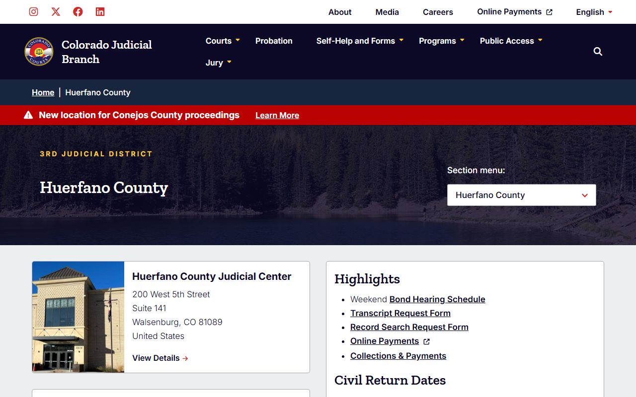 Huerfano County District Court information page for divorce decrees