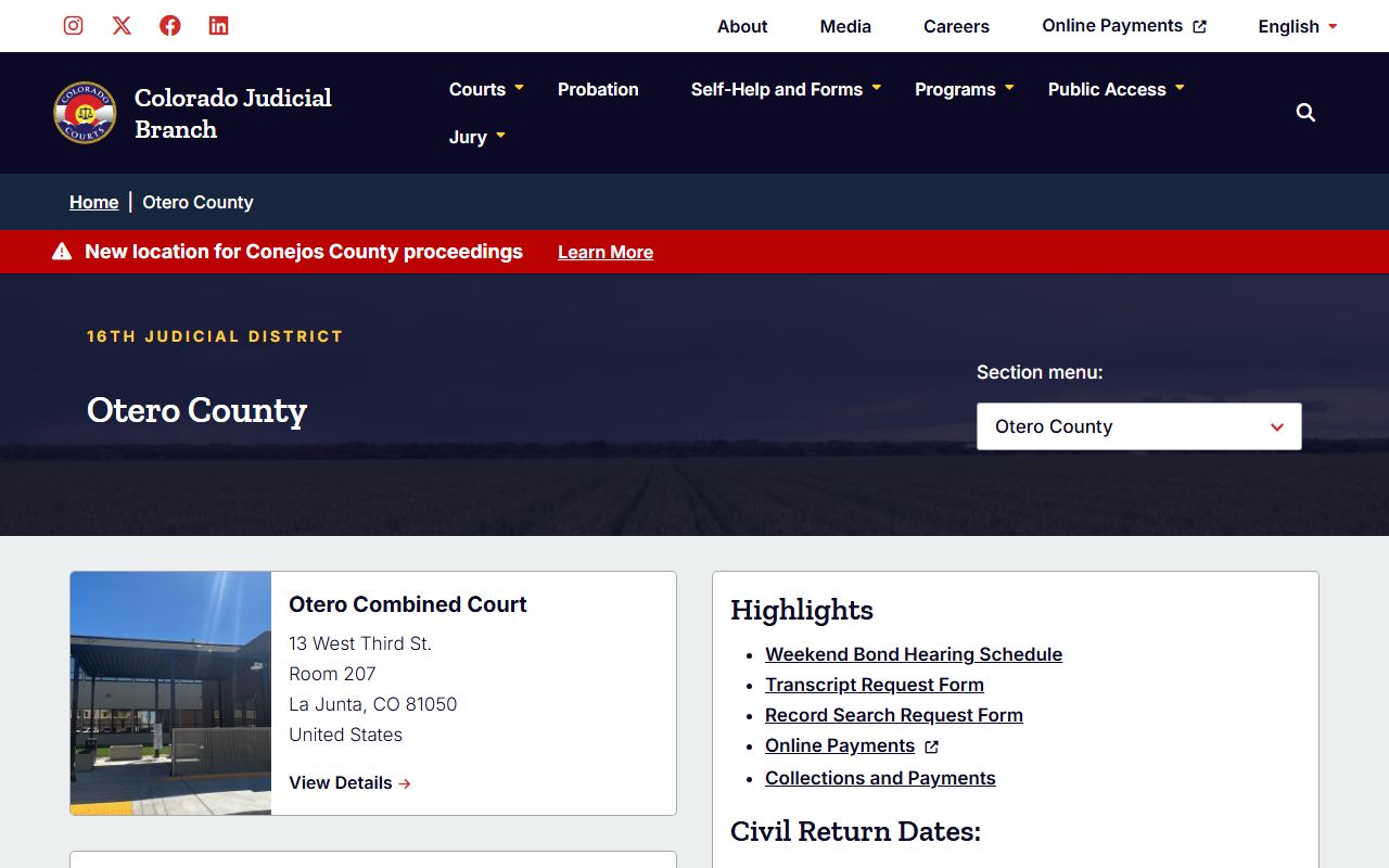 Otero County Combined Court main page with divorce decree services