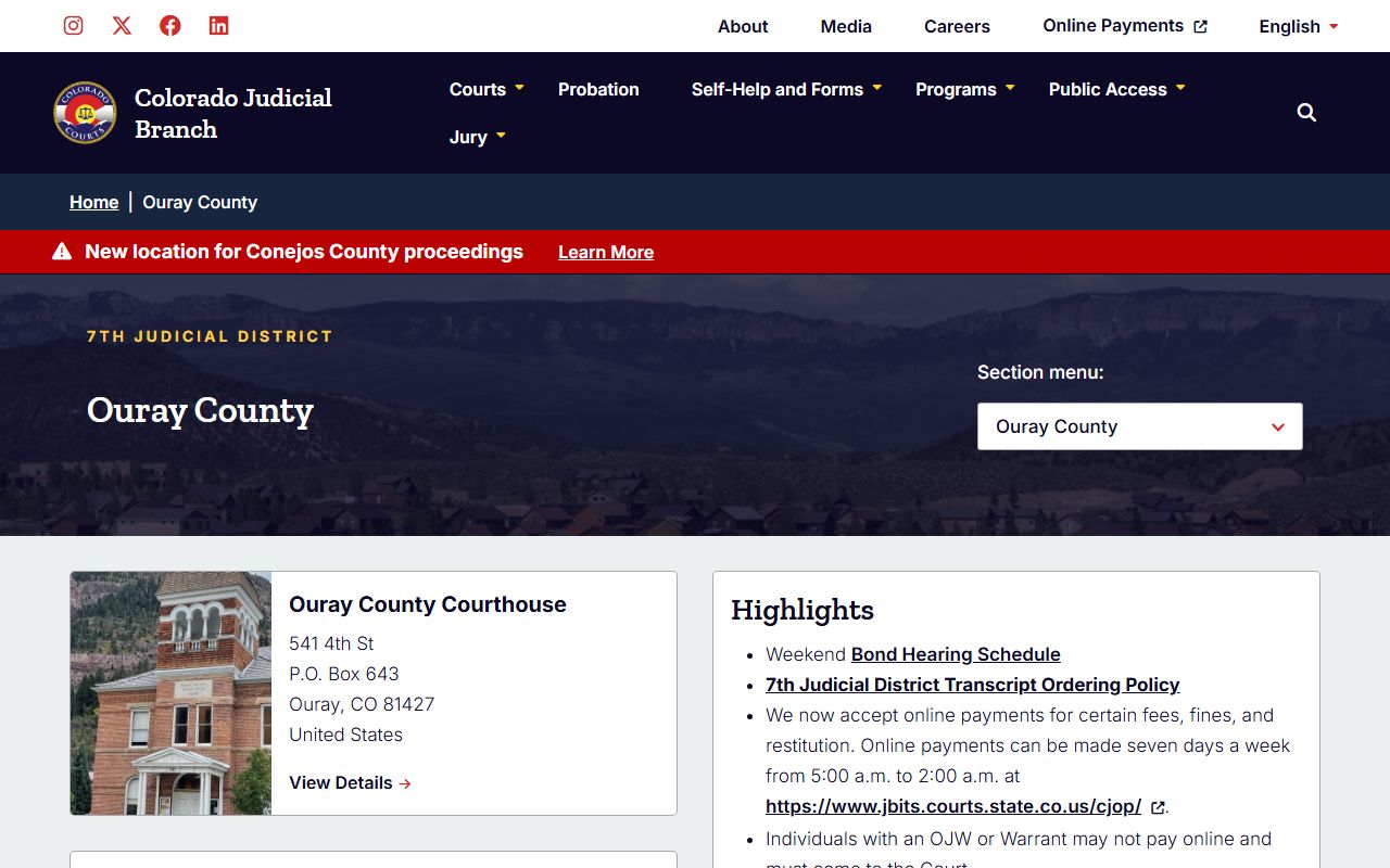 Ouray County Combined Court website showing divorce decree services