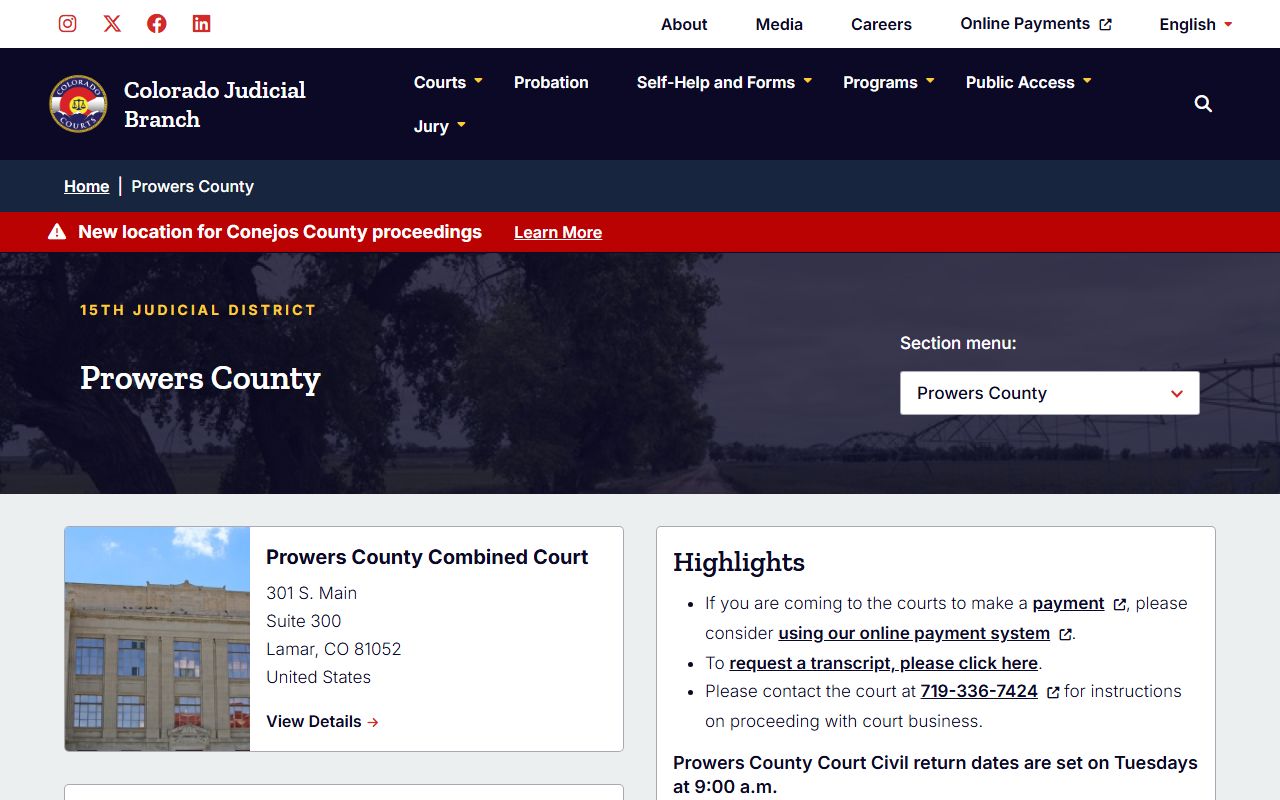 Prowers County Combined Court website with divorce decree services