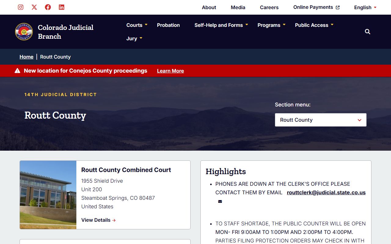 Routt County Combined Court website with divorce decree services