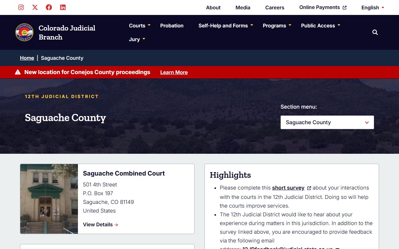 Saguache County Combined Court website with divorce decree services