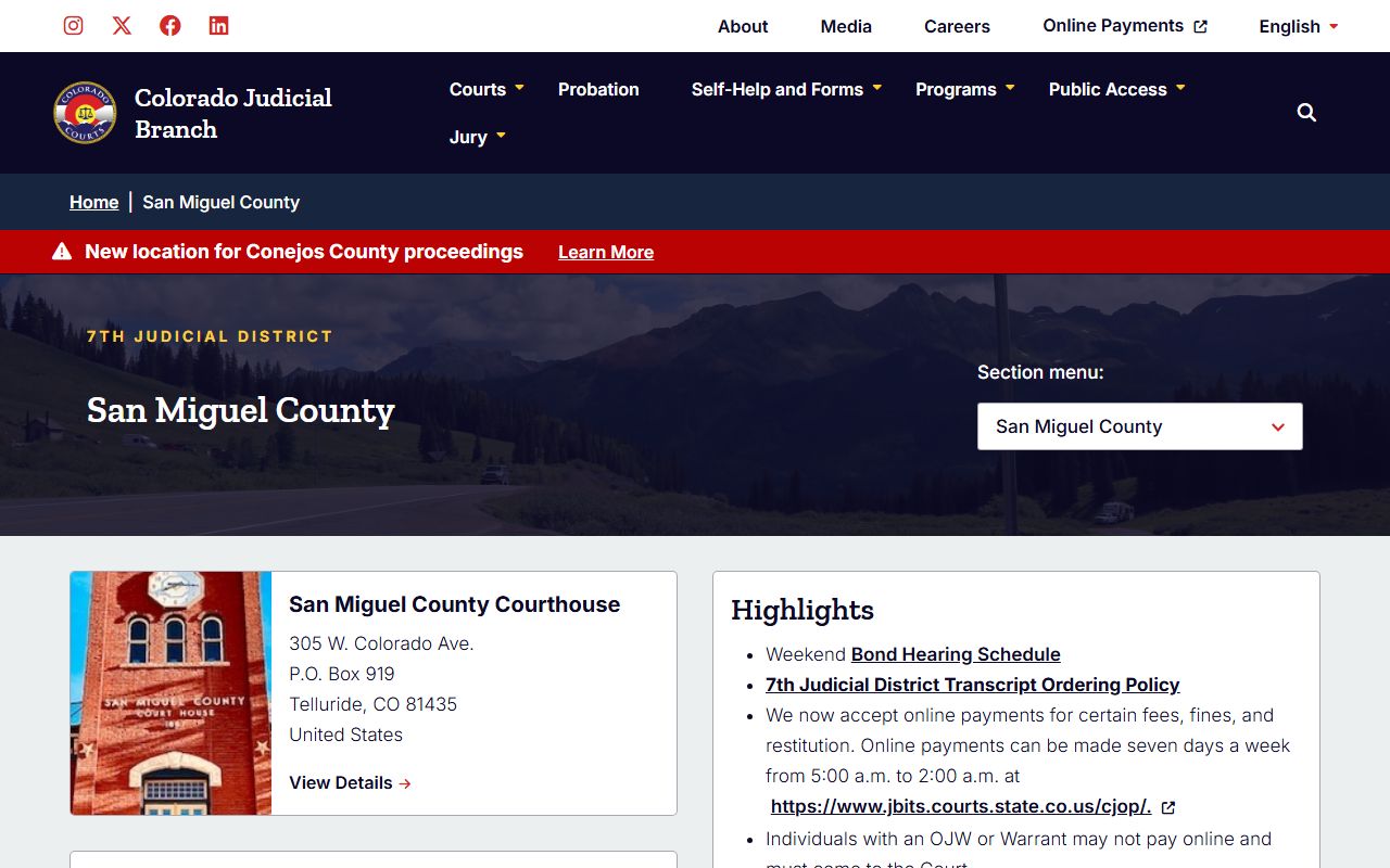San Miguel County Combined Court website showing divorce decree services