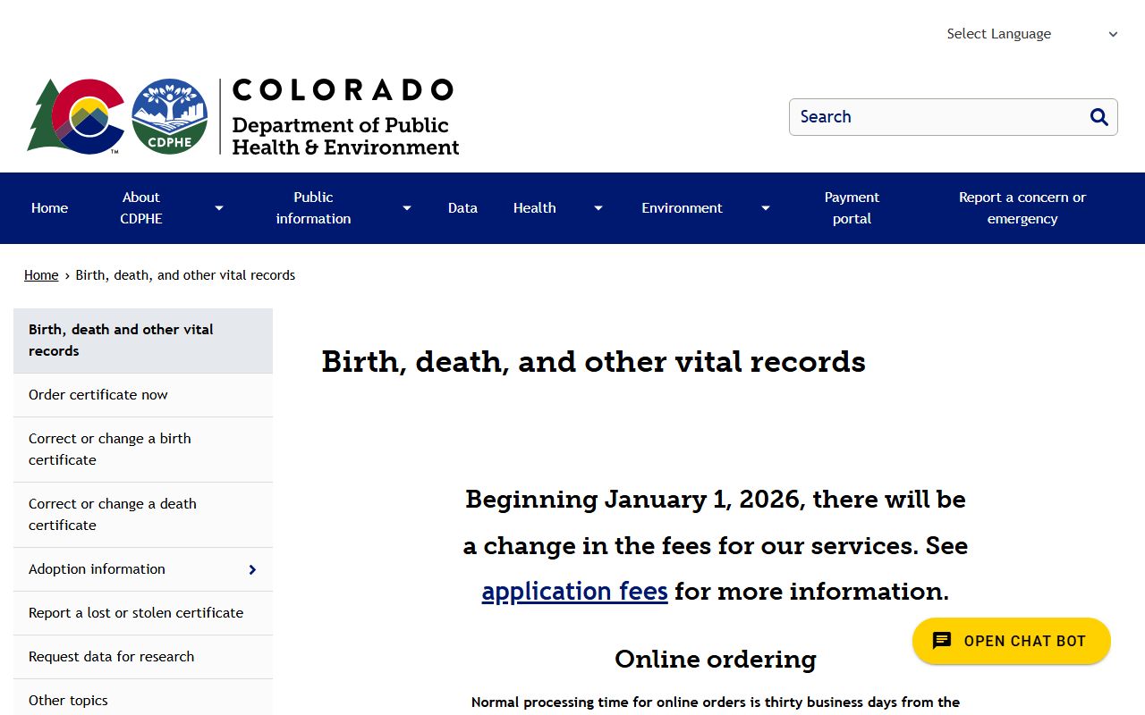 Colorado Department of Public Health and Environment vital records section